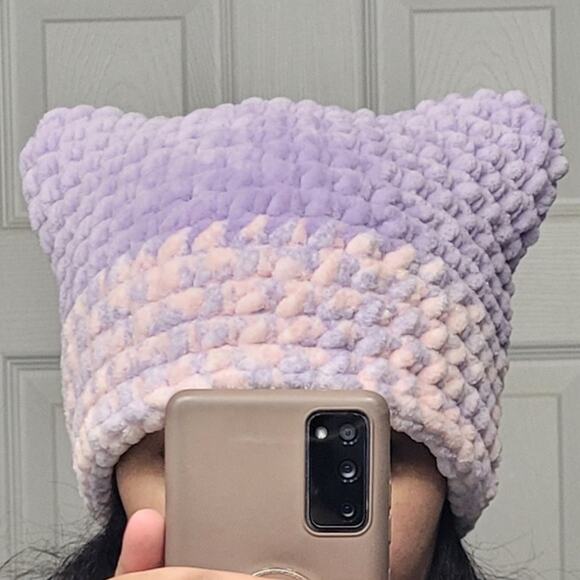 Handmade Crochet Y2k Streetwear Oversized Chenille Cat Ear Beanie - Picture 1 of 1